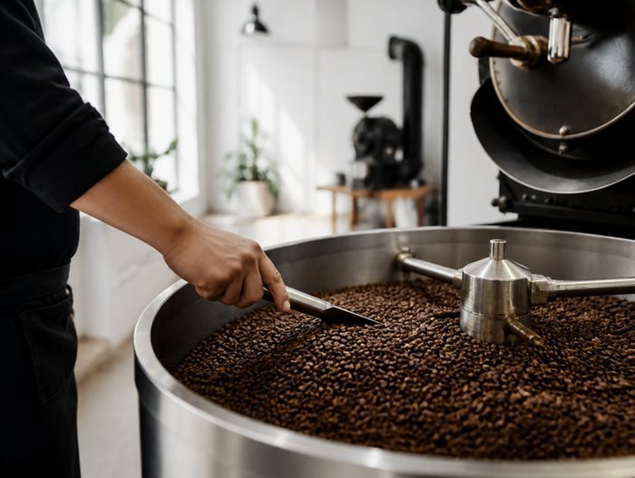 Freshly roasted beans cooling in the roastery tray